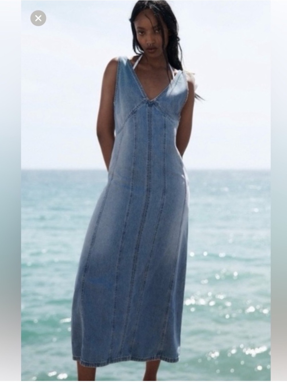 Zara Washed Blue Denim V‑Neck Midi Dress